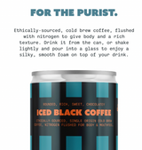Can of iced black coffee with text about its qualities on a white background