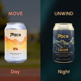 Two cans of Pace beer, one labeled 'IPA' for day and one labeled 'Lager' for night