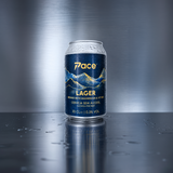 Can of Pace Lager on a reflective surface with a dark background